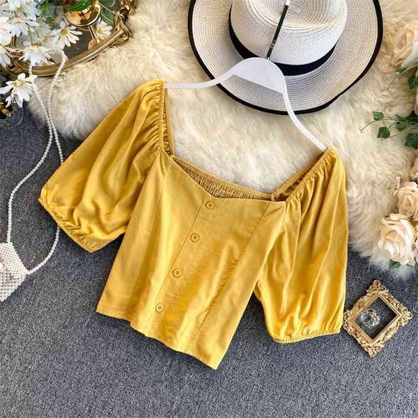 

korean short sleeve women high waist slimming retro square collar solid color shirt blouse l130 210527, White