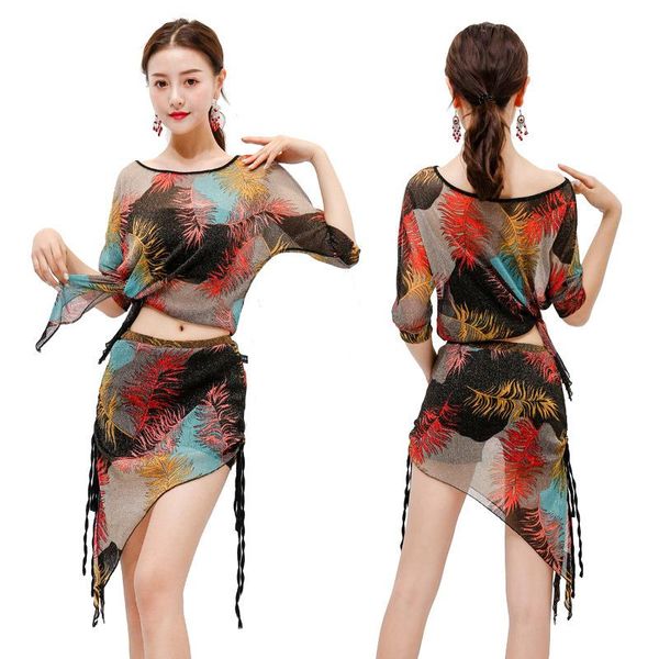 

stage wear oriental bellydance practice clothing for women net yarn belly dance costume and hip scarf training suit dancewear, Black;red