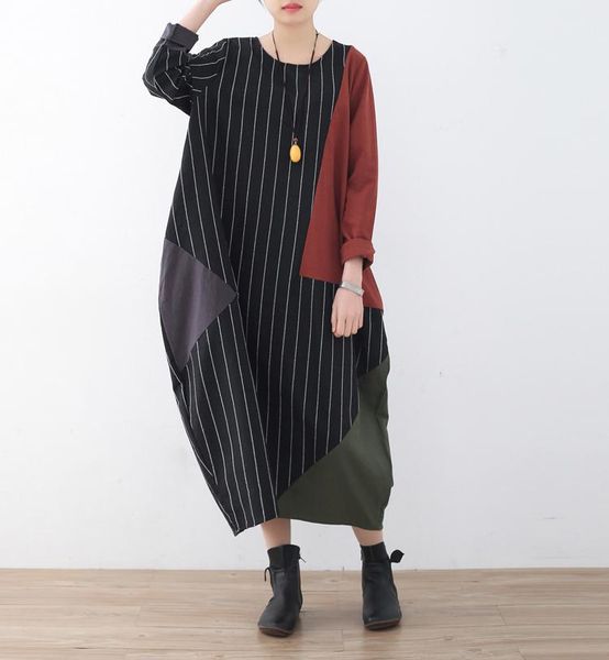 

casual dresses women vintage elegant dress 2021 spring autumn loose long sleeve striped patchwork cotton linen maxi large vestidos, Black;gray