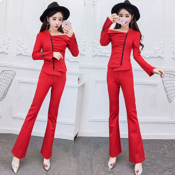 

red 2nd piece office woman slash neck trousers with zipper $luxury girly shouder jacket and pants bks2, White