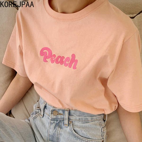 

korejpaa women t-shirt summer korean chic sweet little peach embroidered letters round neck loose short-sleeved pullover 210526, White