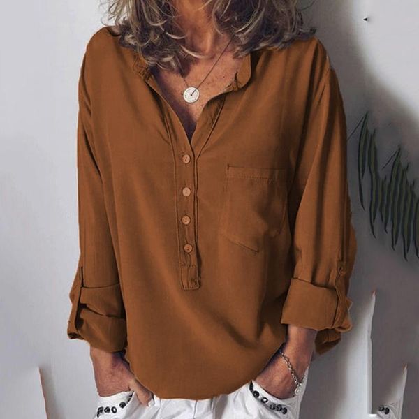 

women's blouses & shirts female long sleeve solid loose women casual v-neck pocket shirt fashion button 5 colors plus size, White