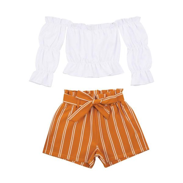 

clothing sets 2021 baby girl summer clothes set toddler kids off shoulder puff sleeve crop vertical stripes shorts pants 2pcs outfits, White