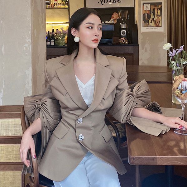 

elegant trendy design ladies clothing korean chic pleated khaki coats long sleeve notched neck women blazer 2021 spring, Black;brown