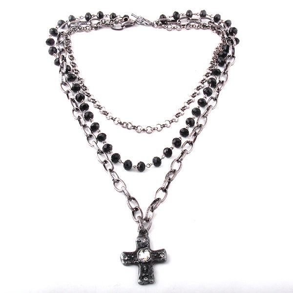 

fashion bohemian tribal jewelry 3 layer multiple black glass crystal rosary link & chain cross pendant necklaces, Silver