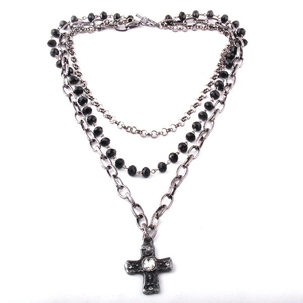 Mode Bohemian Tribal Schmuck 3 Schicht mehrere schwarze Glas Kristall Rosenkranz Gliederkette Kreuz Anhänger Halsketten