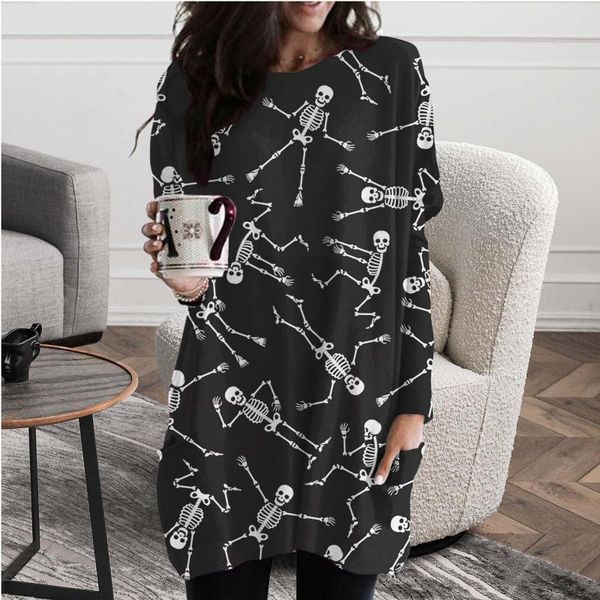 

casual dresses halloween skeleton print looes mini dress women causal autumn long sleeve t shirts round neck baggy pockets, Black;gray