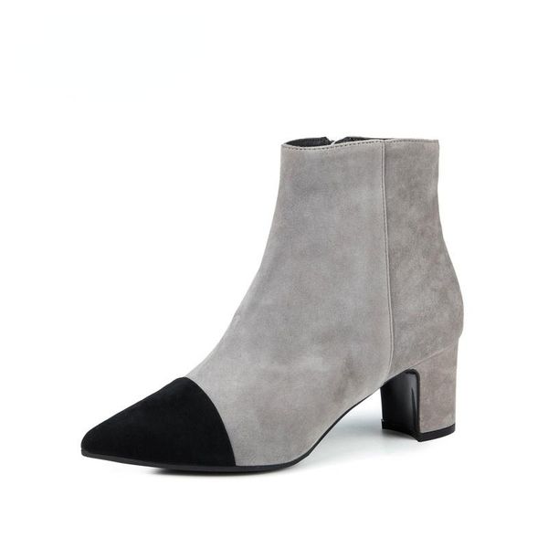 

boots autumn and winter suede sheepskin fashion side zipper banquet high heels stitching pointed thick high-heeled ankle women, Black