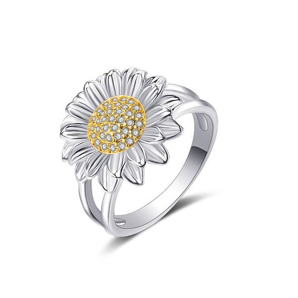 

wedding rings charm female sunflower crystal ring gold silver color engagement cute white round zircon for women, Slivery;golden