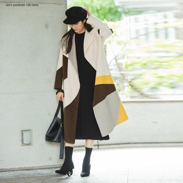 

women's jackets limited edition style stitching color contrast long double-sided woolen coat, Black;brown