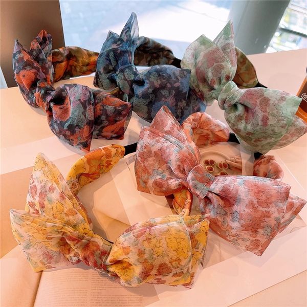 2021 Geometric Wide Headband Press Hair Organza coreana Flower Big Bow Ethnic Cute Colorful Yarn Hairband