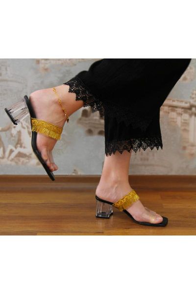 

slippers women's gold transparent heel pattern tassels summer, Black