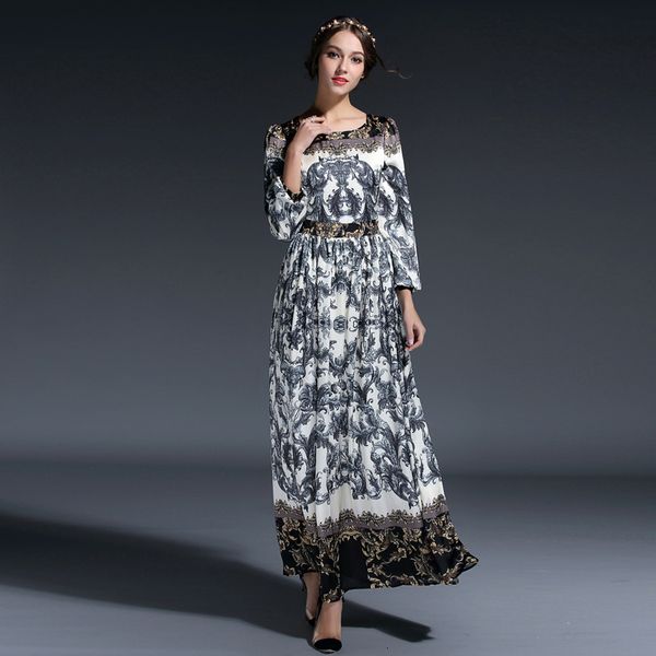 

new 2021 designer women's elegant lantern sleeve o-neck retro floral printed casual long 2ndw, Black;gray