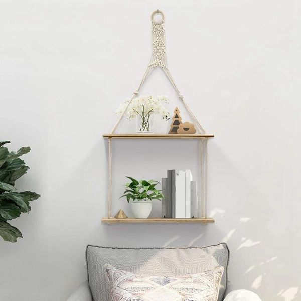 

kitchen storage & organization 1pcs wall shelf boho plant hanging chic decor 2 tier cotton rope floating shelves macrame for bedroom living