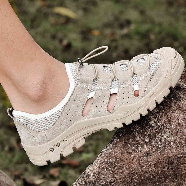 

slippers summer outdoor men sandals fashion comfortable casual shoes genuine leather breathable beach men sandals vj49, Black