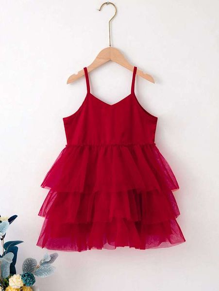 

toddler girls contrast mesh layered hem cami dress she, Red;yellow