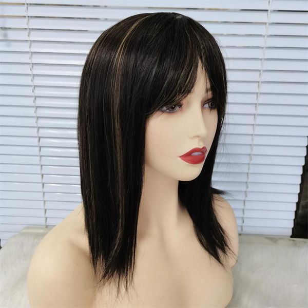 

synthetic wigs mix brown colored straight short bob full machine made wig part with bangs natural hairline daily use for women, Black