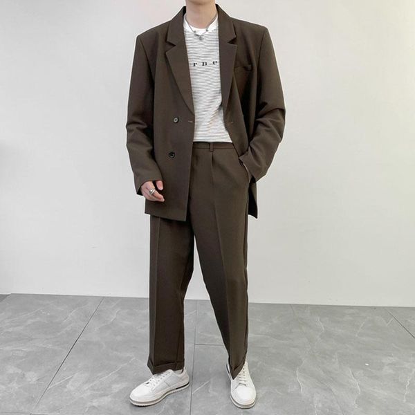 

men's suits & blazers 2pcs sets male double breasted streetwear fashion loose casual blazer coat pant men jacket man dress wedding, White;black