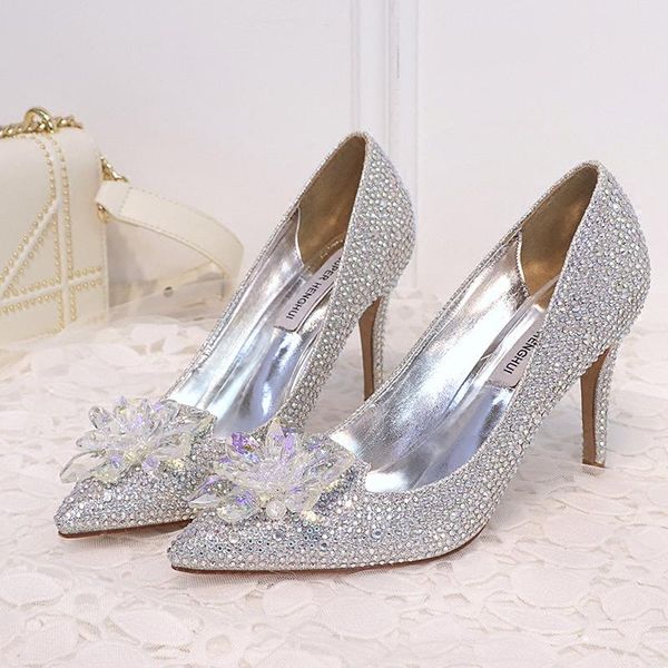 

dress shoes wed2021 bride crystal wedding decent thin pointed high heel rhinestone silver white women's, Black