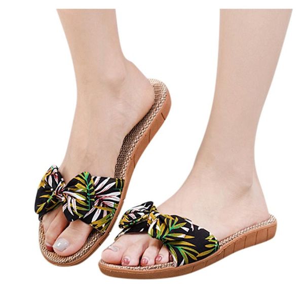

slippers women cute outside bohemia bowknot flip flops female summer flower flax linen slipper beach shoes sandals slippers#, Black
