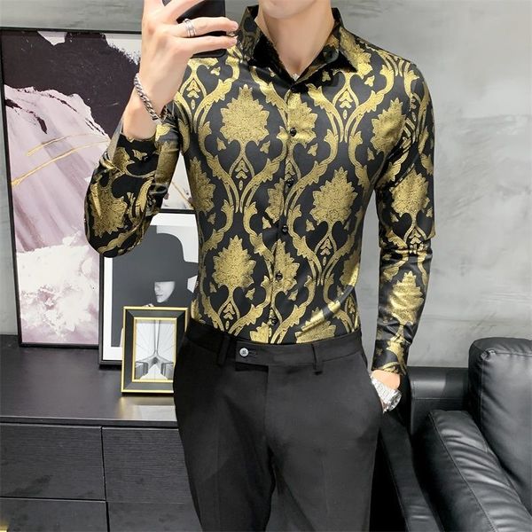 

2021 new gold printed korean style slim autumn blue men's long-sleeved streetwear flower shirt men camisas para is3p, White;black
