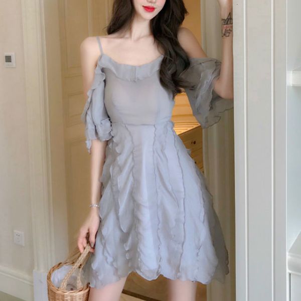 

2021 summer fairy french backless ruffles designer mini casual slim fit korean kawaii women new ri3l 5oog, Black;gray
