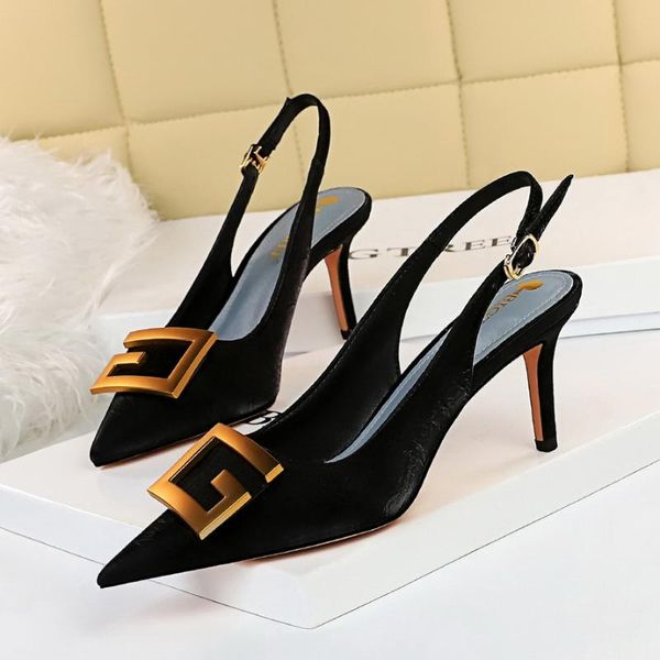 

dress shoes bigtree metal kitten heels hollow high woman pumps party women stiletto sandals plus size 43, Black