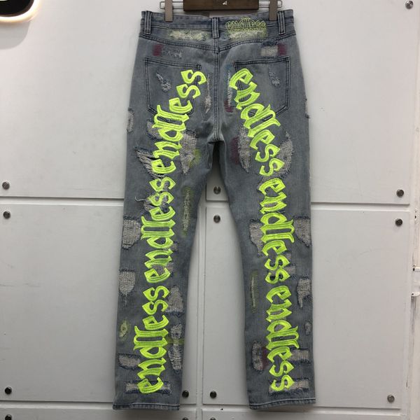 

damage afflicted hole jean high-quality women streetwear black fluorescent green card embroidered denim pants g4zz, Blue