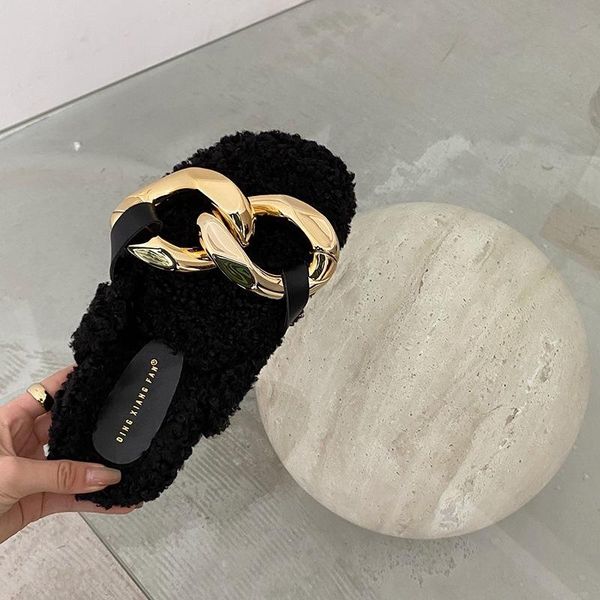 

slippers luxury wool fur lazyman mules for woman round toe flat heel slip-on runway shoes big metal chains decor women, Black