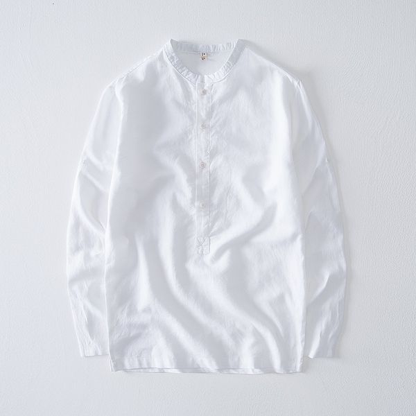 

2021 autumn new solid long-sleeved simple linen men's casual stand collar loose shirt male -4xl fashion shirts men camisa pkal, White
