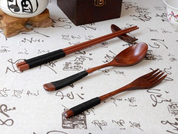 

3pc japanese vintage wooden chopsticks spoon fork tableware set new gift zero waste eco friendly kitchen ware set drop shipping