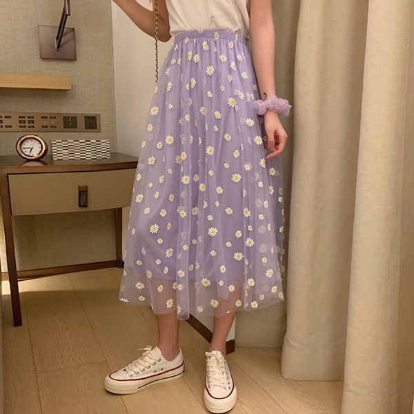 

summer 2021 daisy print purple skirt female long high-waisted a- line skirt elastic street wear 210303, Black