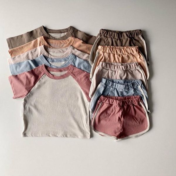 

clothing sets children suit 2021 summer simple solid color leisure contrast cotton short sleeve boys and girls korean shorts two piece set, White