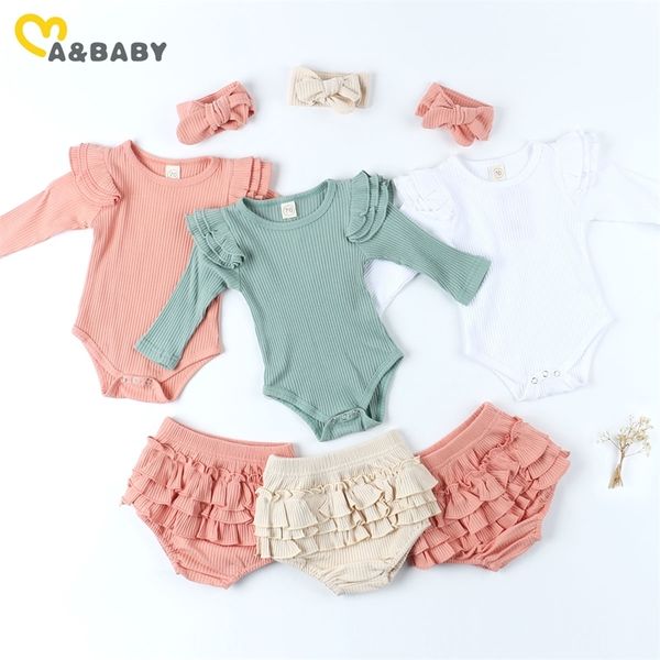 MaBaby 0-18M Neonato Neonate Vestiti lavorati a maglia Set Morbido Pagliaccetto a maniche lunghe Volant Pantaloncini Bloomer Autunno Inverno Abiti 210317