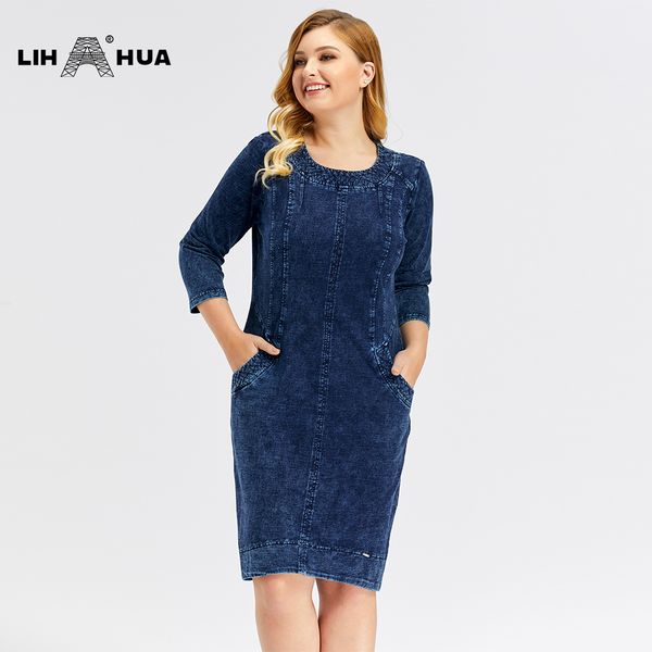 Lih Hua Mulheres Plus Size Denim Denim Vestido Alta Flexibilidade Slim Fit Dress Casual Vestido Ombro Pads Para Roupas 210309