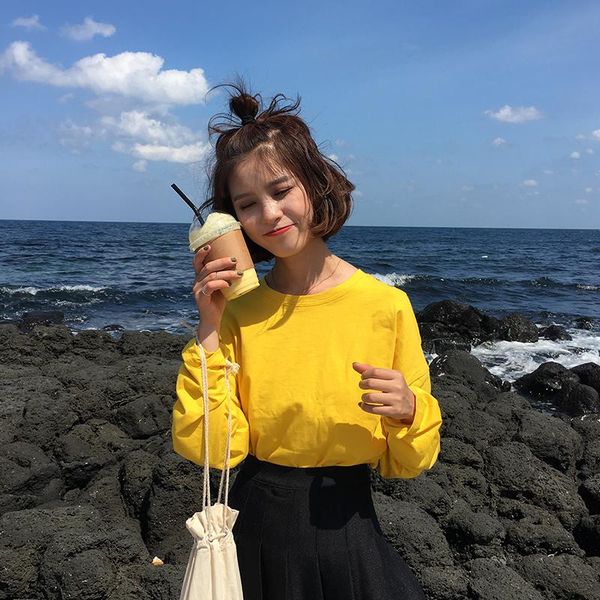 

women's t-shirt 8 colors 2021 preppy style womens korean basic solid color o neck long sleeve t shirts tee shirt femme b1247, White