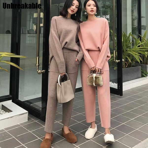 

women's two piece pants 2021 winter casual sweater tracksuits o-neck long sleeve jumpers & elastic waist female knitted 2 pieces set, White