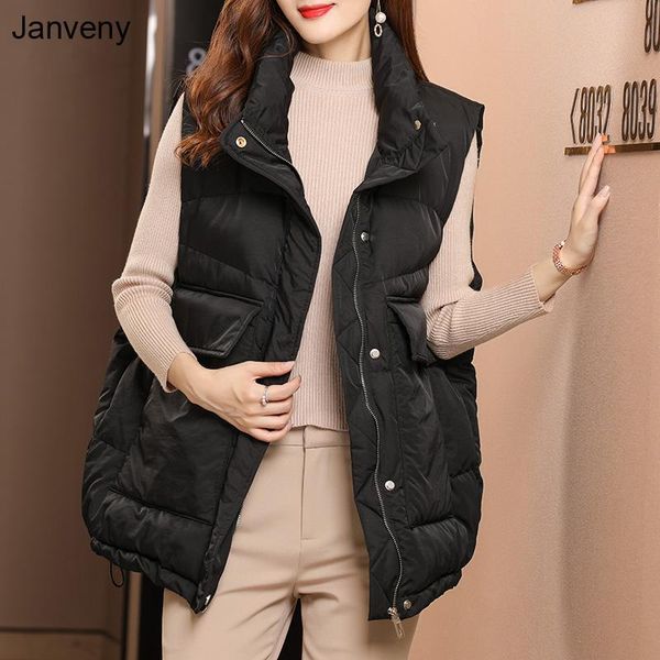 

women's vests janveny 2021 autumn winter women 90% white duck down jacket vest female sleeveless loose thick warm gilet windproof waist, Black;white