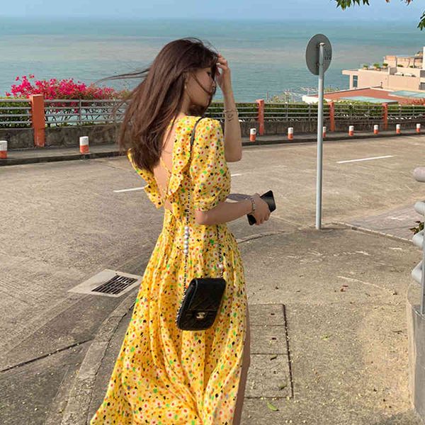 

casual dresses long tight beach yellow seaside vacation super fairy oil painting floral waist summer yuu2, Black;gray