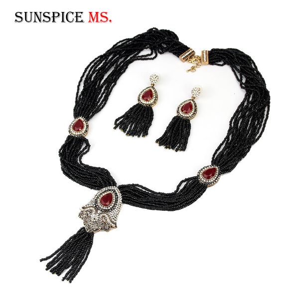 

jewelry sets sunspicems turkish bead necklace earring for women european wedding caftan retro gold color ethnic bridal gift, Black