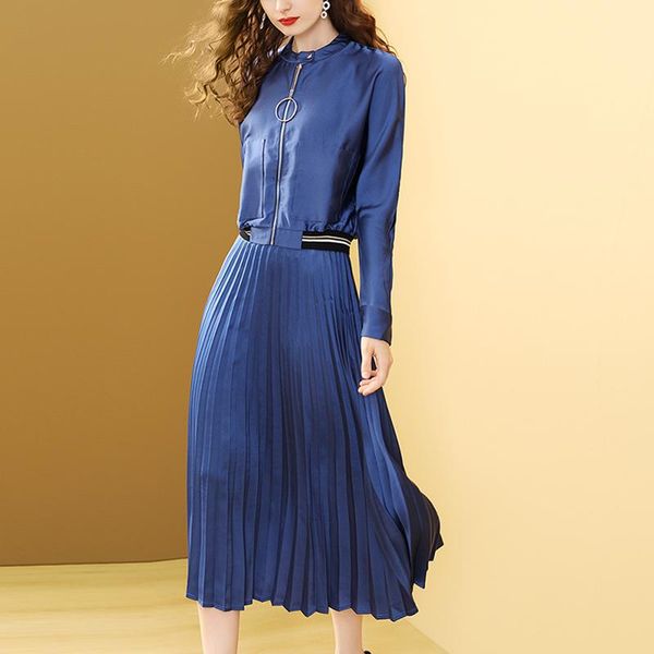 

women's tracksuits gedivoen autumn blue suit women long sleeve coat and pleated skirts 2 twoÂ piecesÂ set streetwear fashion runway fitte, Gray