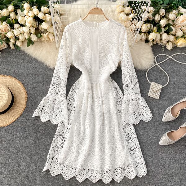 

2021 autumn winter pink/white/beige hollow out party women vintage robe o-neck flare long sleeve high waist vestidos klyk, Black;gray