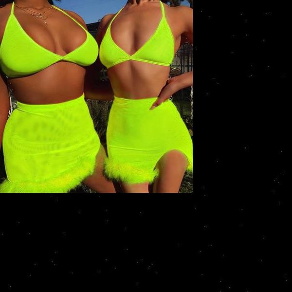 

women mesh sheer neon green fluffy sleevless camis crop and split mini two piece beach bathing suits outfits, Gray