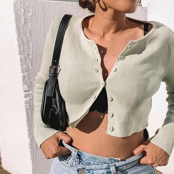 

2021 women knitted cardigans crop o neck long sleeve buttoned short crop sweaters jumper pull femme streetwear, White;black