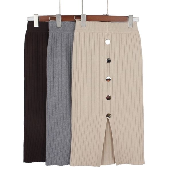 

gigogou high waist autumn winter knitted women skirts warm skirt long female rib skirts with button 210310, Black