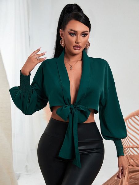 

sxy tie front lantern sleeve k4fo#, White