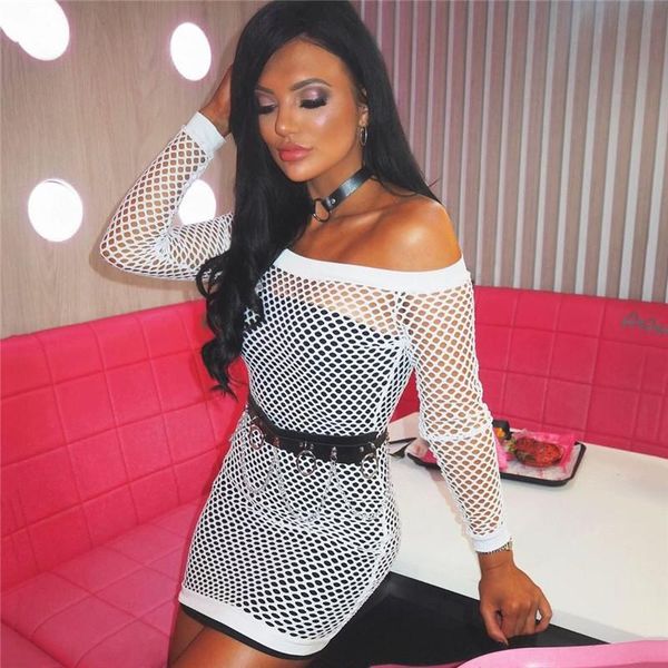 

off the shoulder see through mini dress hollow out fishnet grid full sleeve bodycon mini dresses clubwear lady vestido, Black;gray