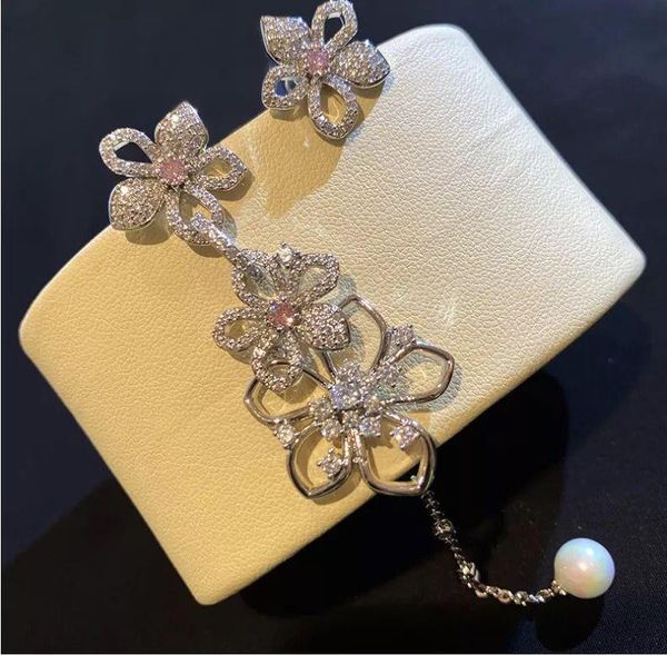 

dangle & chandelier asymmetric hollow flower earrings feminine temperament petal pearl retro tassel long, Silver