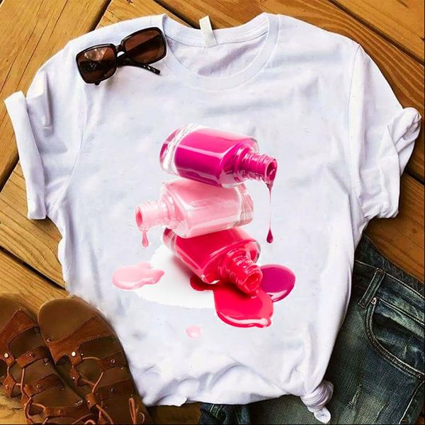 

nail paint women t shirt cute cartoon print vintage tshirt fashion t shirt harajuku summer short sleeves femme tee shirts, White