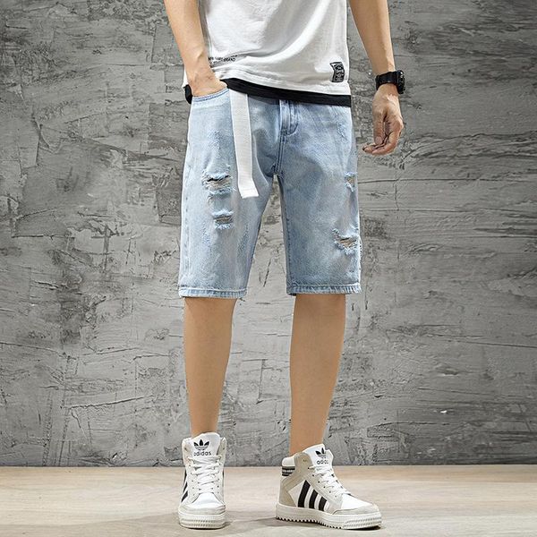 

men's jeans wimilous casual five-point tide brand pants male beggar ripped denim shorts loose straight, Blue